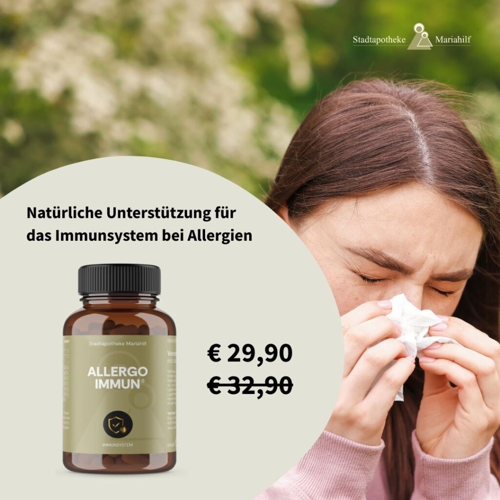 Frau mit Taschentuch und niest aufgrund von Pollenflug. Im Vordergrund Allergo Immun Aktion 