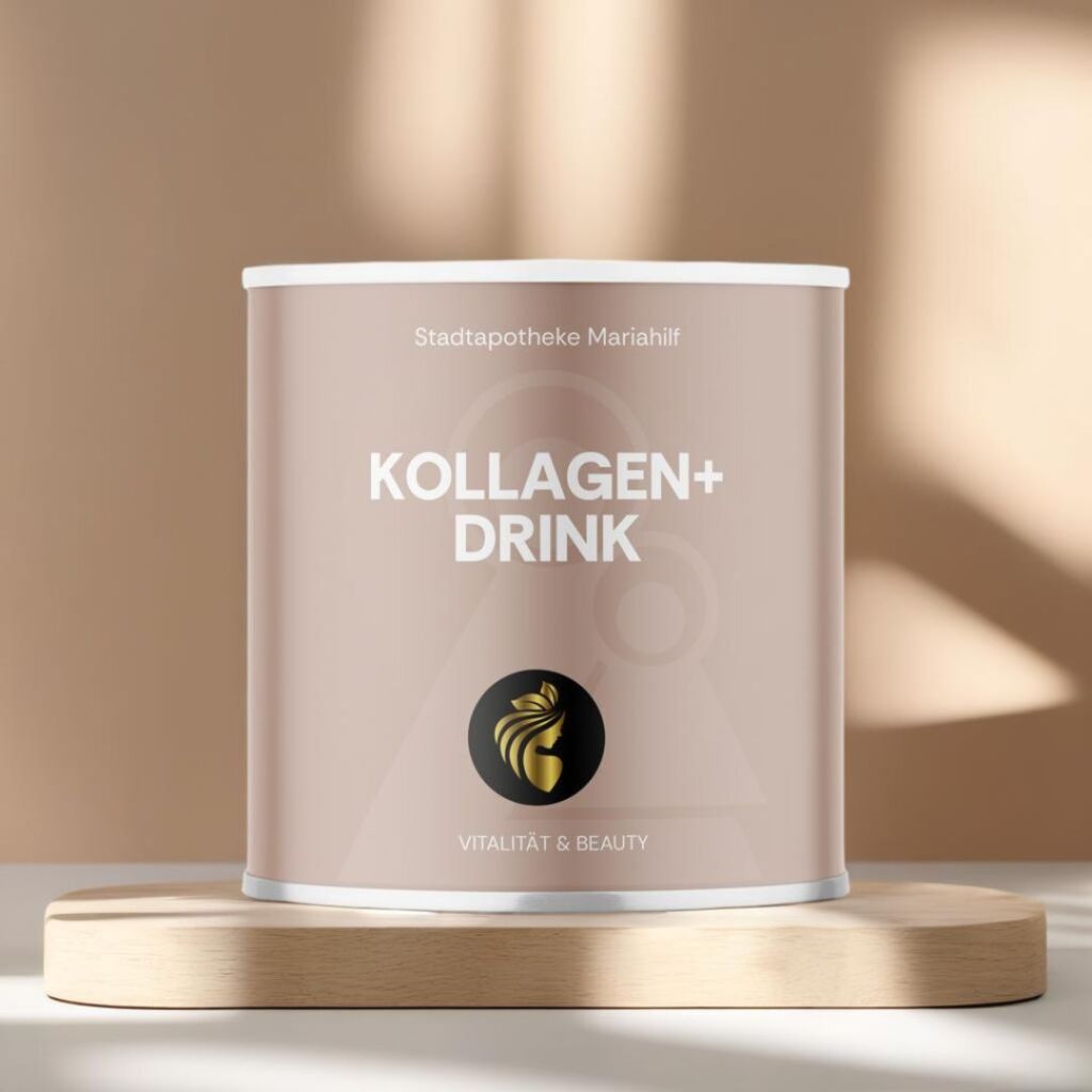 Kollagen+ Drink Nahrungsergänzungsmittel präsentiert auf einem Holzbrett