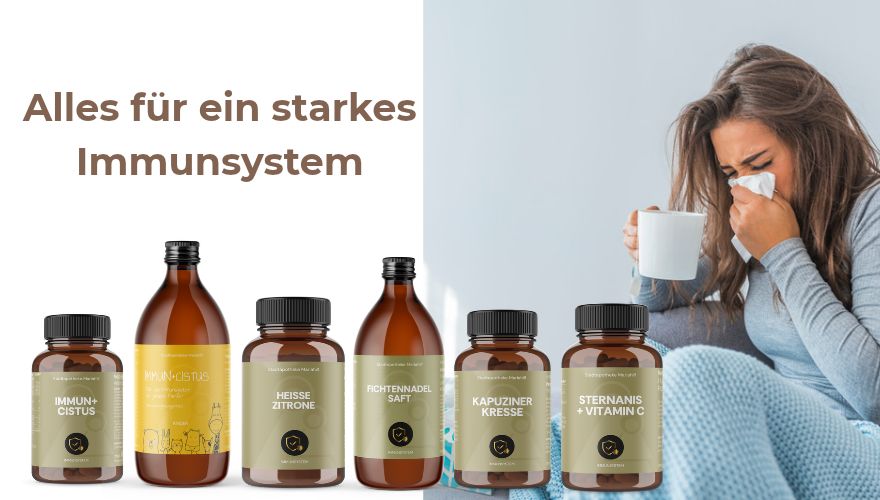 Frau mit Erkältung und Überschrift "Alles für ein starkes Immunsystem" mit Produktvorschlägen